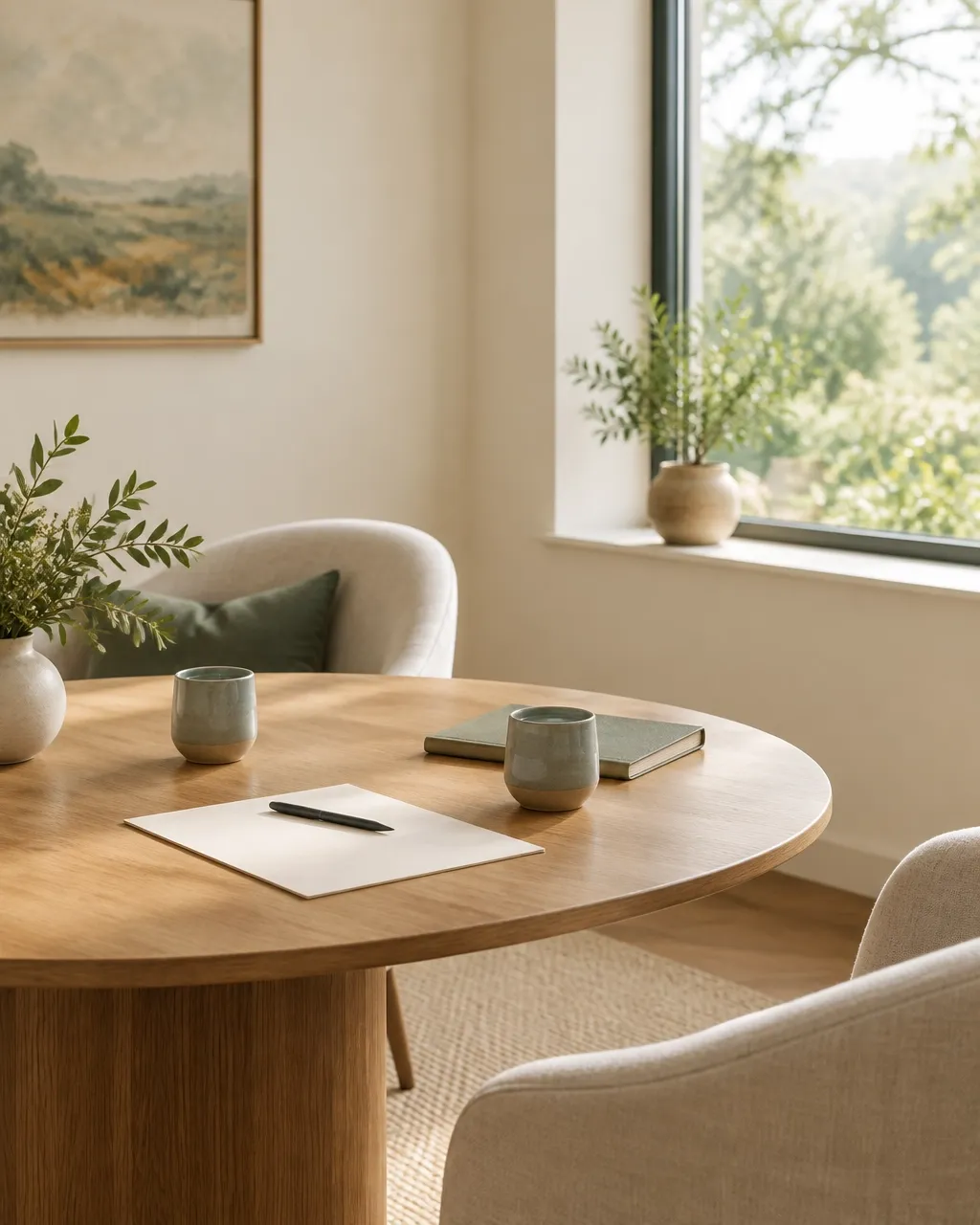 Calm advisory meeting room with a round wood table and soft natural light