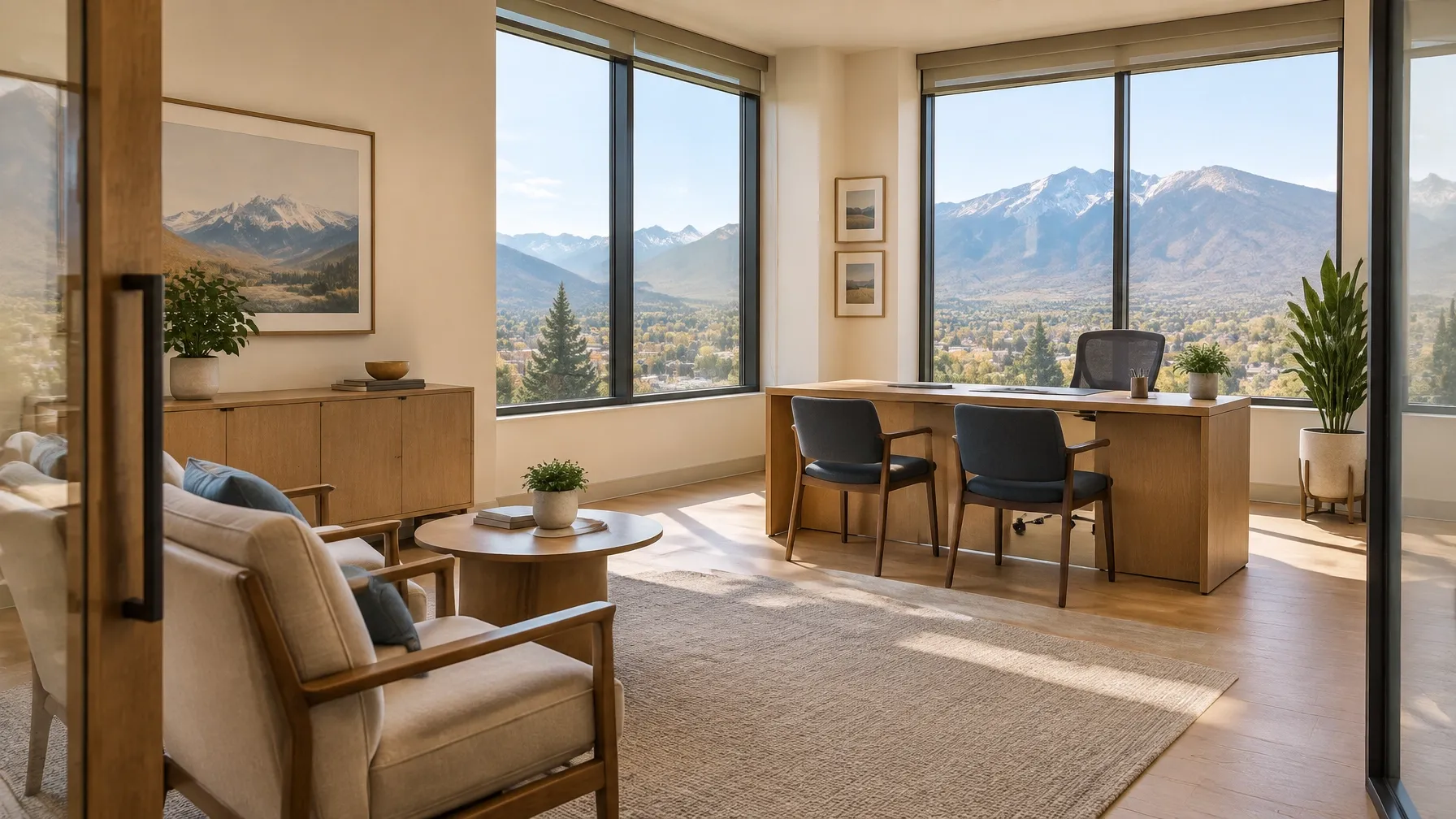 Bright advisory office with warm wood, natural light, and Colorado mountain views