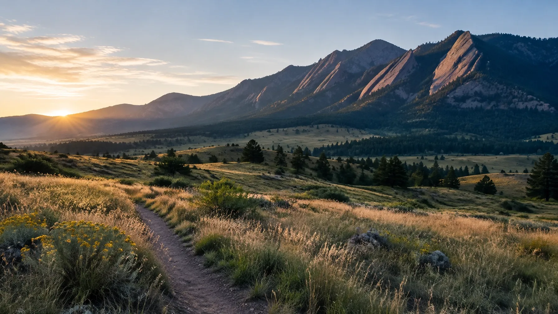 The Flatirons above Boulder, Colorado, glowing in warm golden-hour light