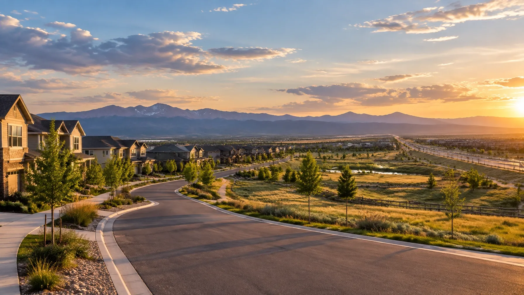 A newer Erie neighborhood beneath a wide Front Range sky