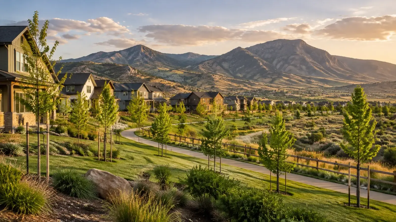 A rebuilt Superior neighborhood edge with young trees and foothills beyond