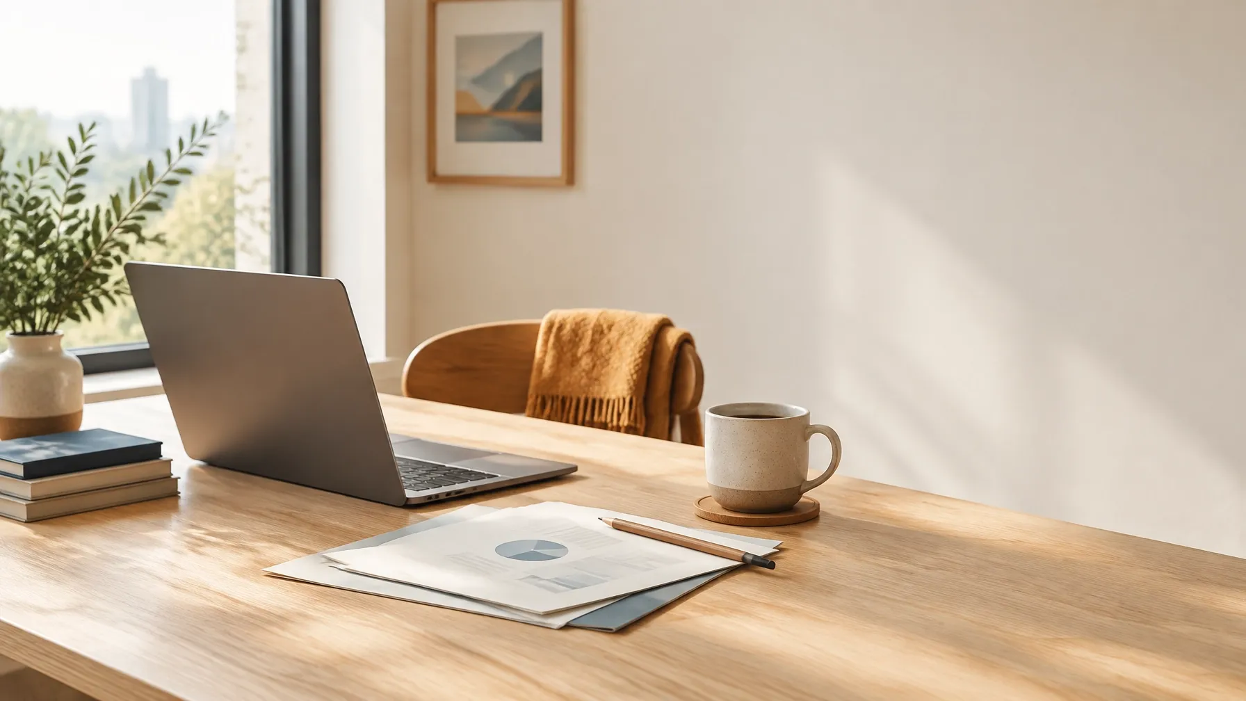 Sunlit planning desk with a laptop, documents, and coffee