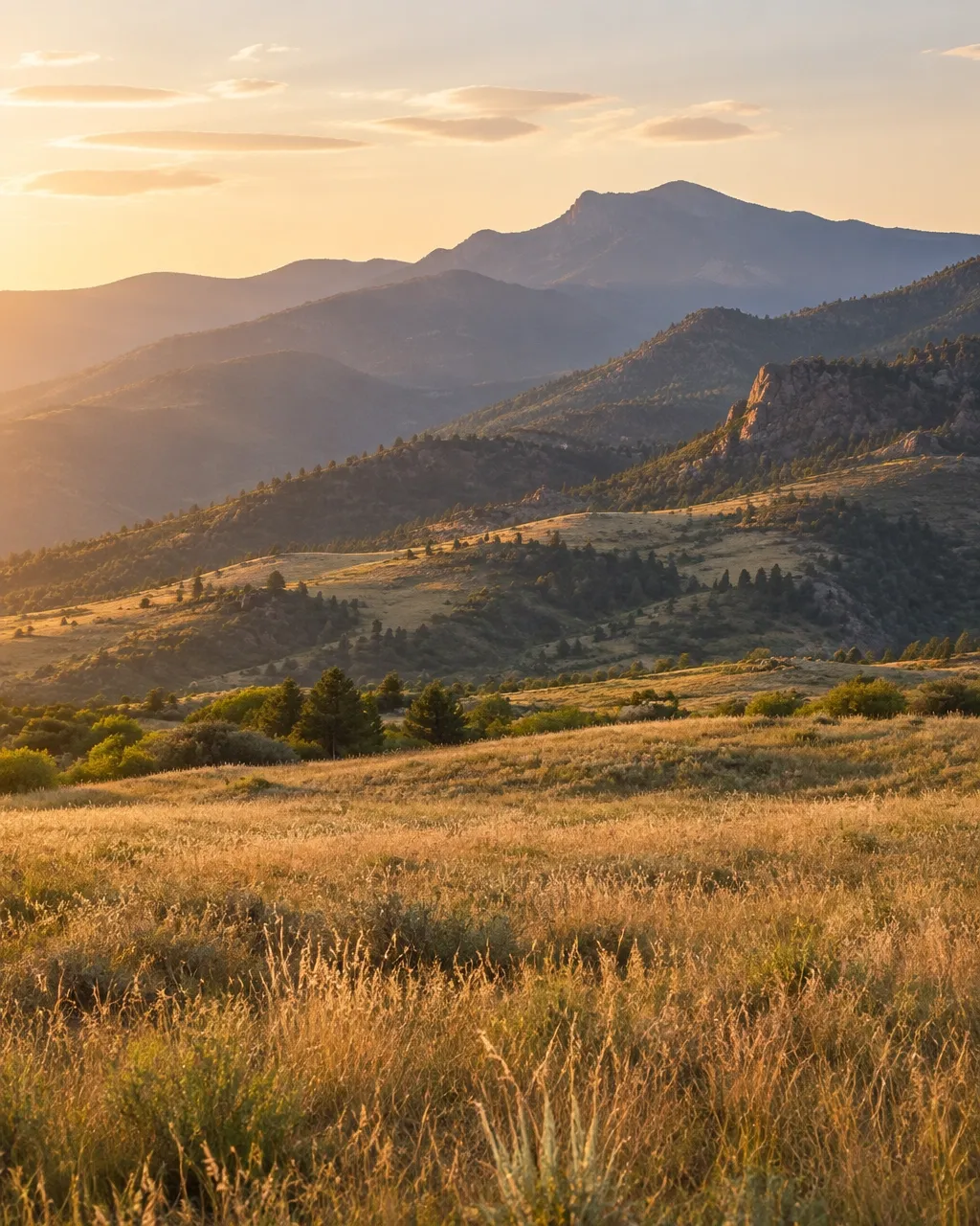 Layered Boulder foothills and a meadow in warm golden-hour light