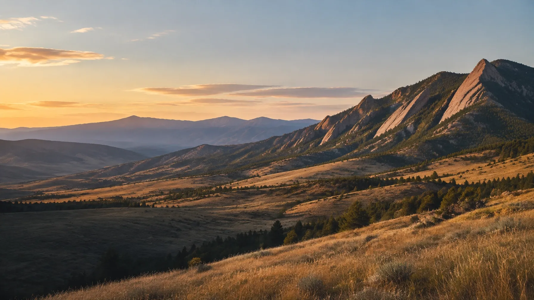 The Flatirons and Colorado foothills above Boulder in late-afternoon light